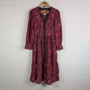 Sam Edelman Dress Womens L Purple Pink Floral Ramsey Midi Button Front Boho